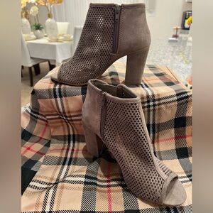 Gray Ankle Booties with Perforated Suede and Block Heel